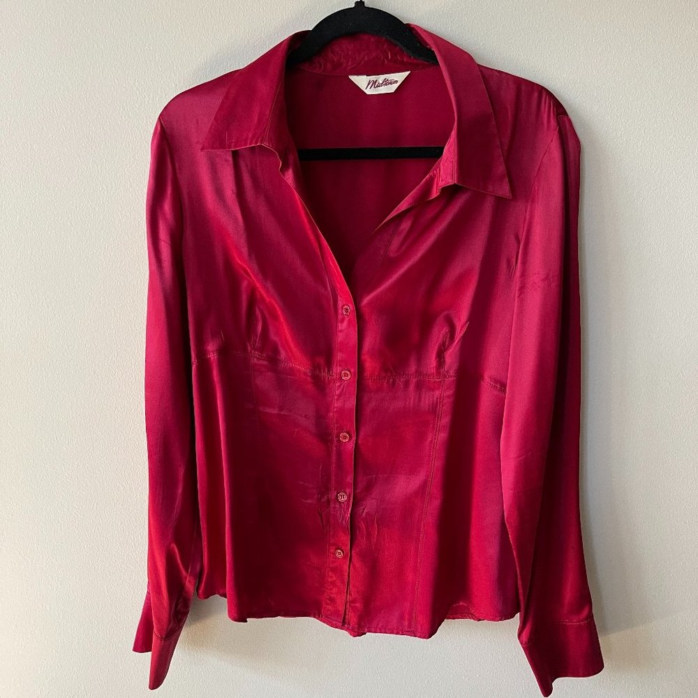 Red Sating Button Up Shirt Size US S